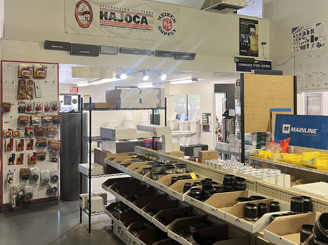 Heieck Supply interior with plumbing supplies on shelves