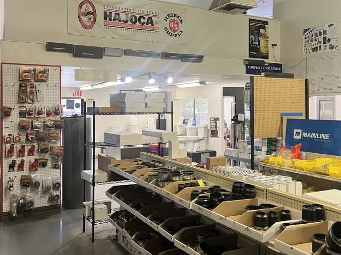 Heieck Supply interior with plumbing supplies on shelves