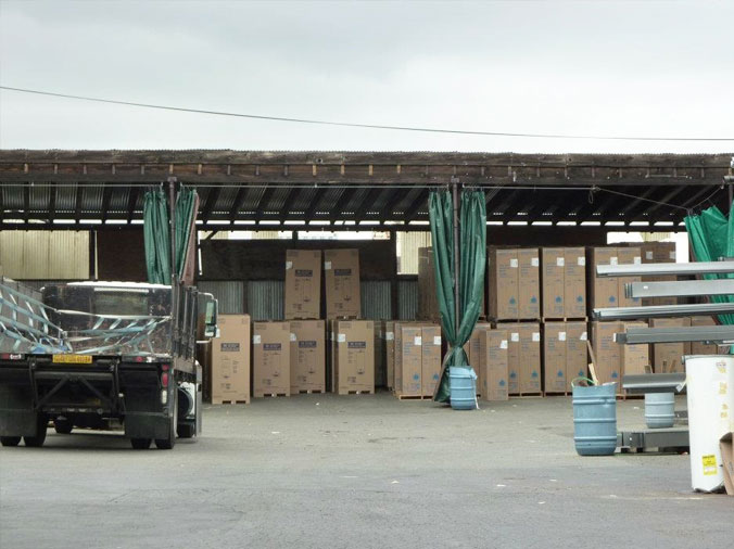 Boxed water heater sin warehouse yard at Heieck Supply